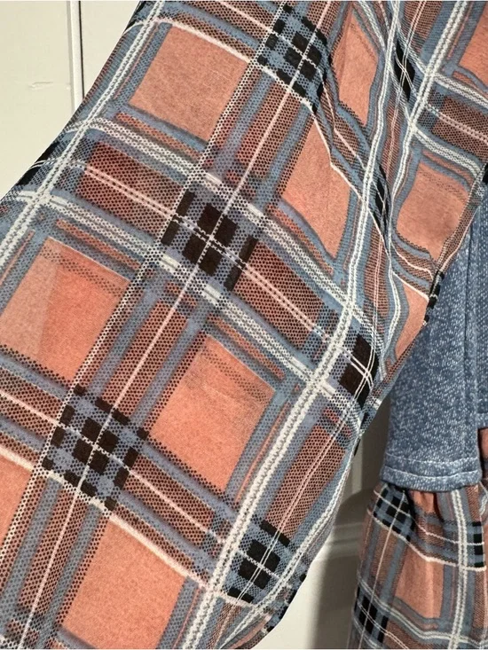 Umgee Blue Knit Top with Brown Plaid Ruffle Details - Picture 4 of 10